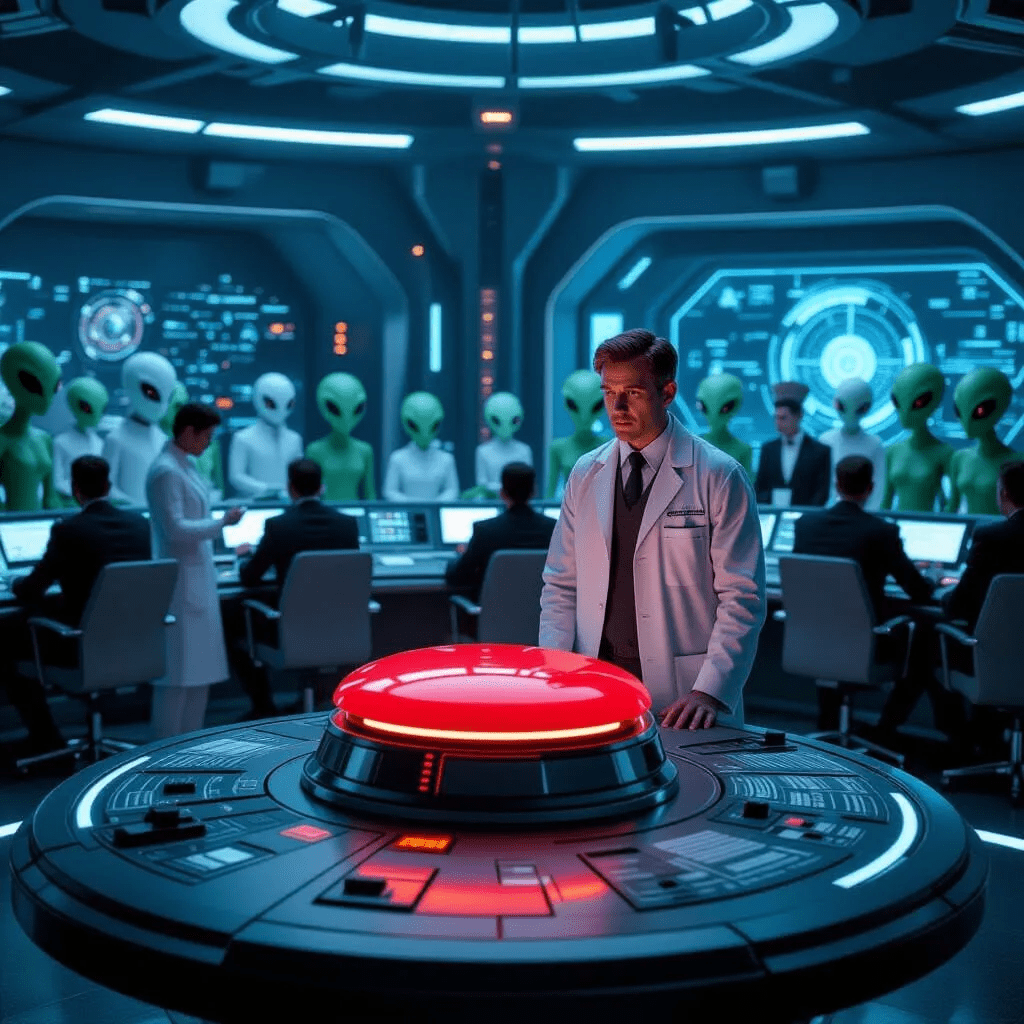 futuristc scientist with big red button